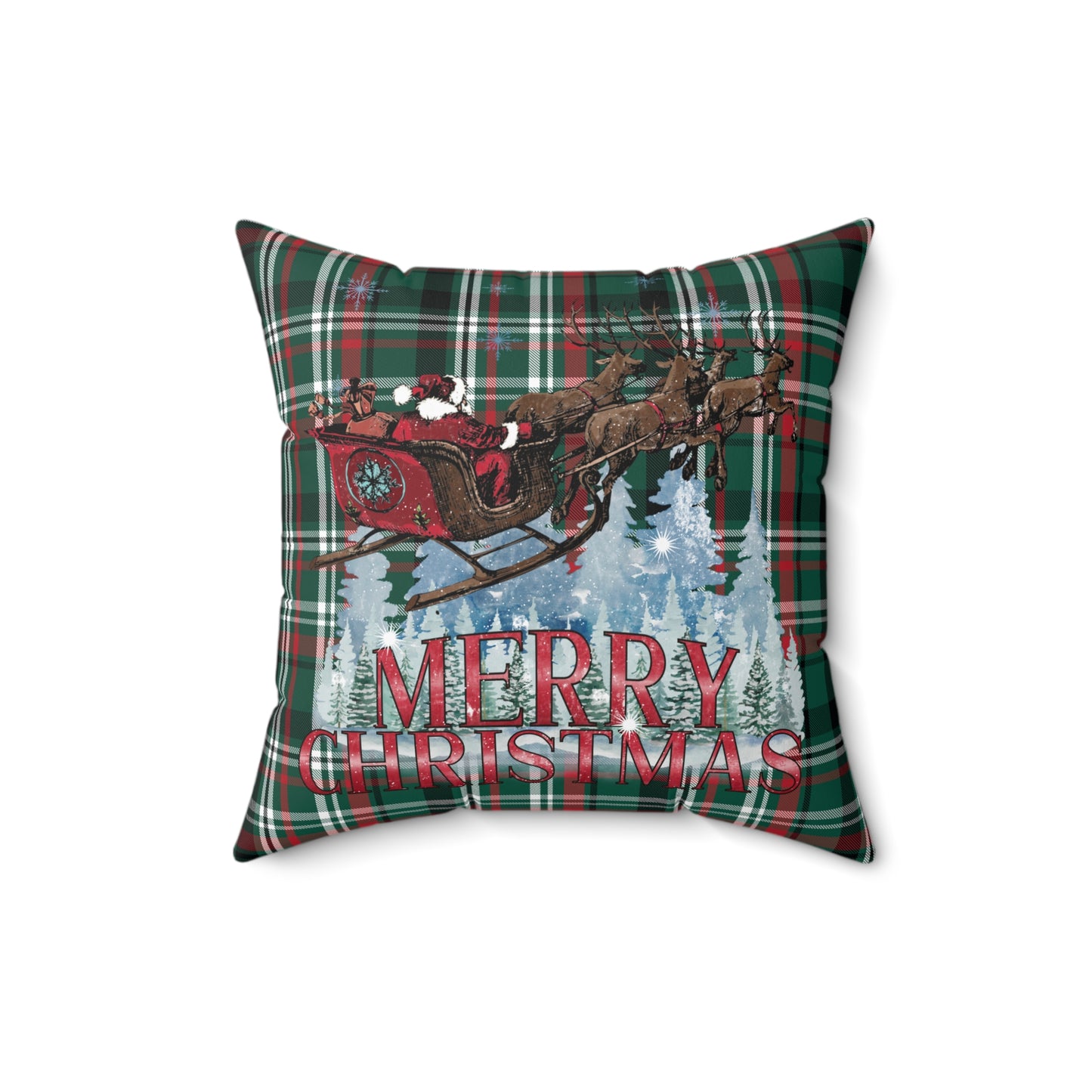 Merry Christmas Santa Sleigh and Reindeer Plaid/ Holiday Polyester Square Pillow