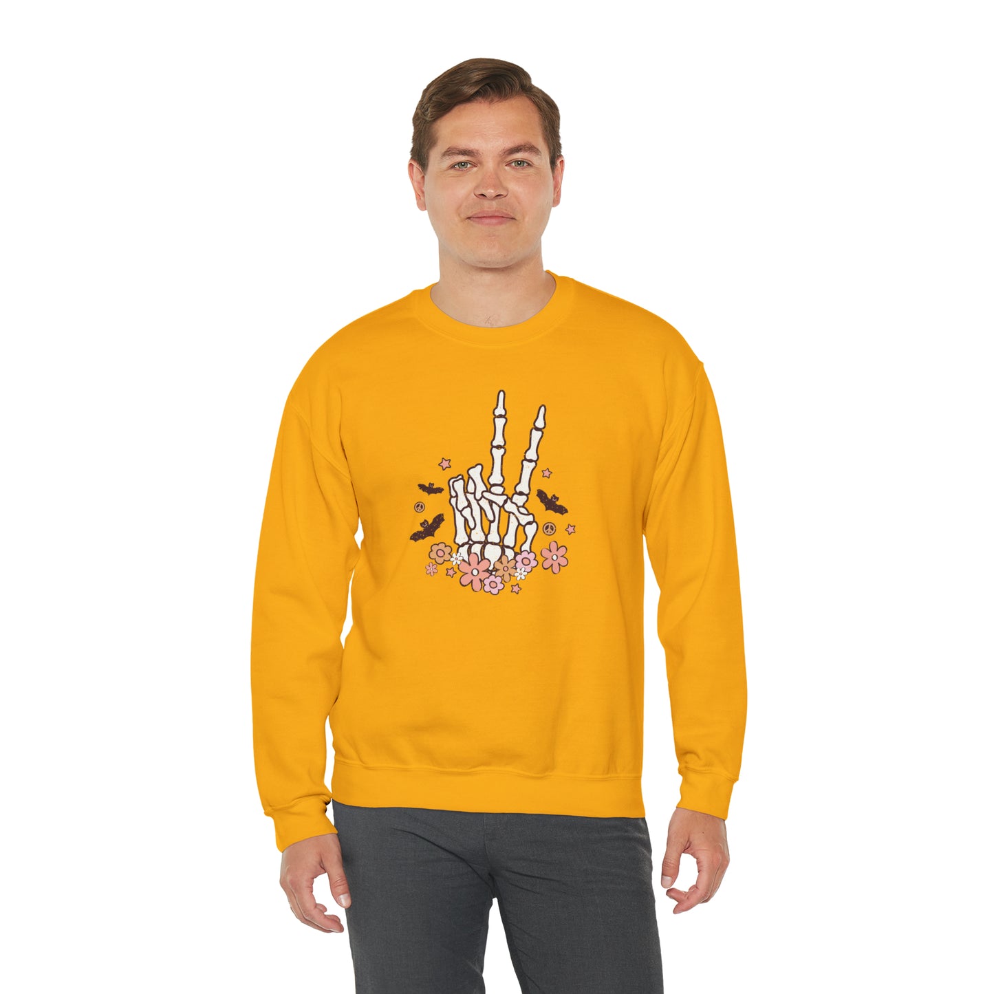 Boho Skeleton Floral Piece Sign Hand Fall Halloween Retro Warm Colored Unisex Heavy Blend™ Crewneck Sweatshirt