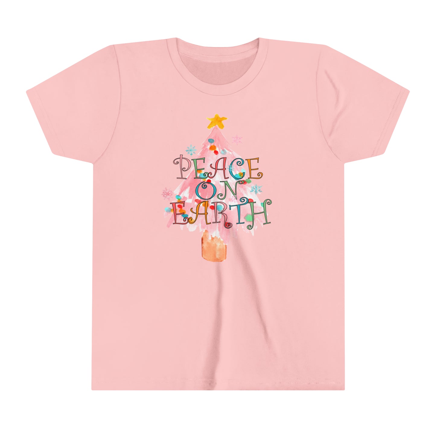 YOUTH - Peace on Earth Pink Christmas Tree/ Holiday Youth Short Sleeve Tee
