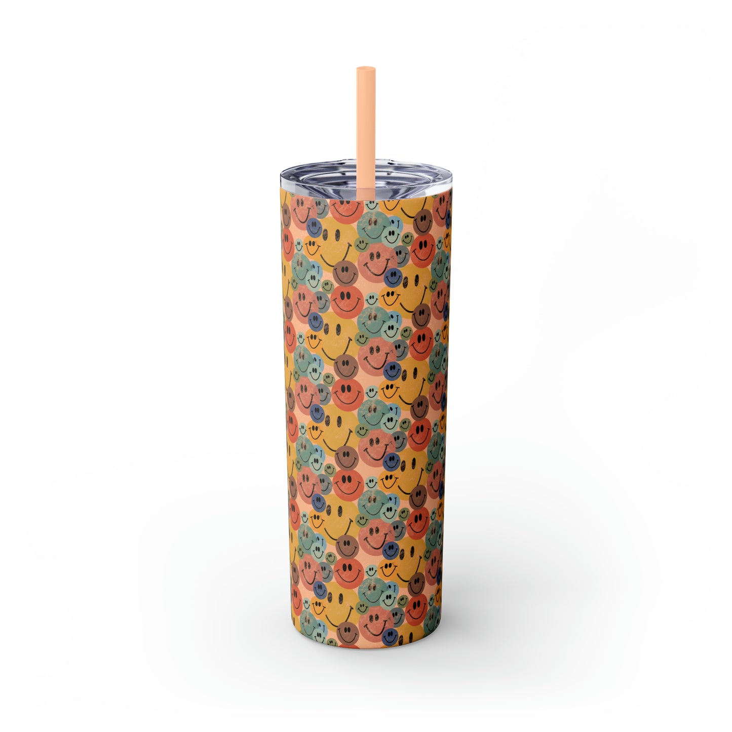 Old School Smiley Face Stickers Patterned Skinny Tumbler with Straw, 20oz