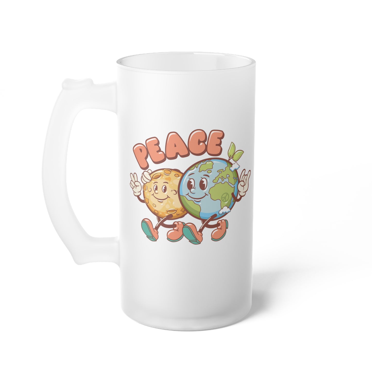 Earth and Moon Characters Peace Design Frosted Glass Beer Mug