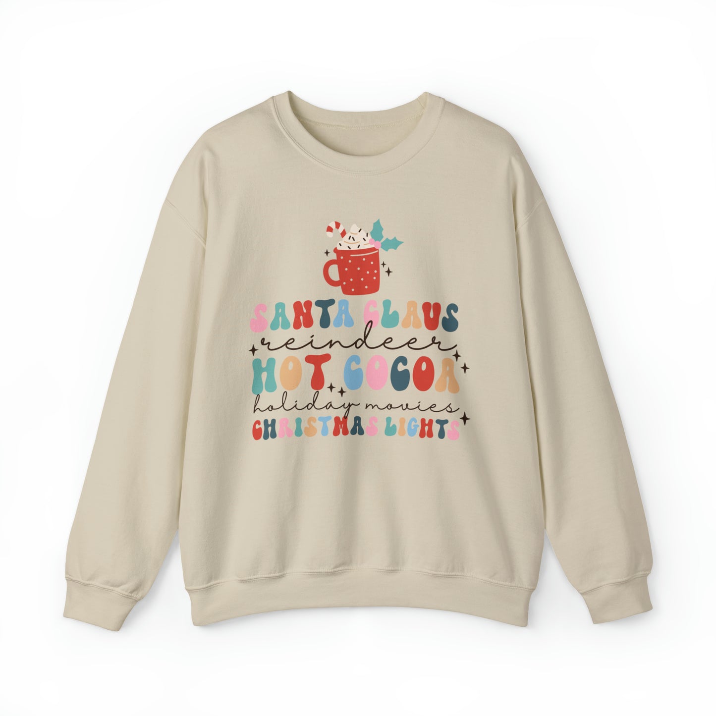 Santa Claus Reindeer Hot Cocoa Christmas Lights Heavyweight Crewneck Sweatshirt