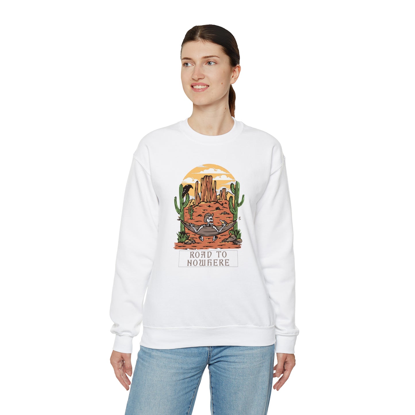 Road to Nowhere Skeleton Fall Halloween Retro Warm Colored Unisex Heavy Blend™ Crewneck Sweatshirt