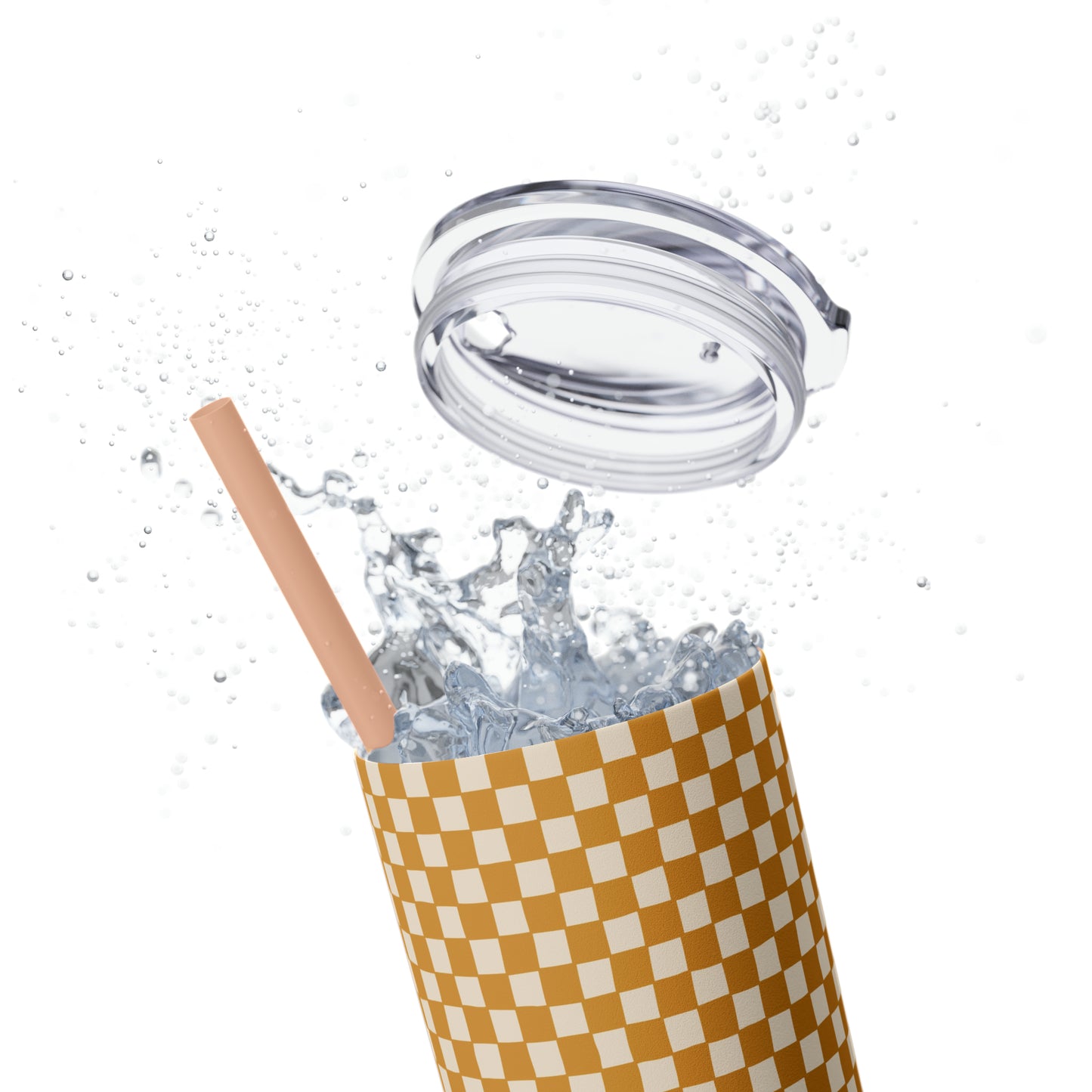 Boho Golden Checkerboard Print Skinny Tumbler with Straw, 20oz