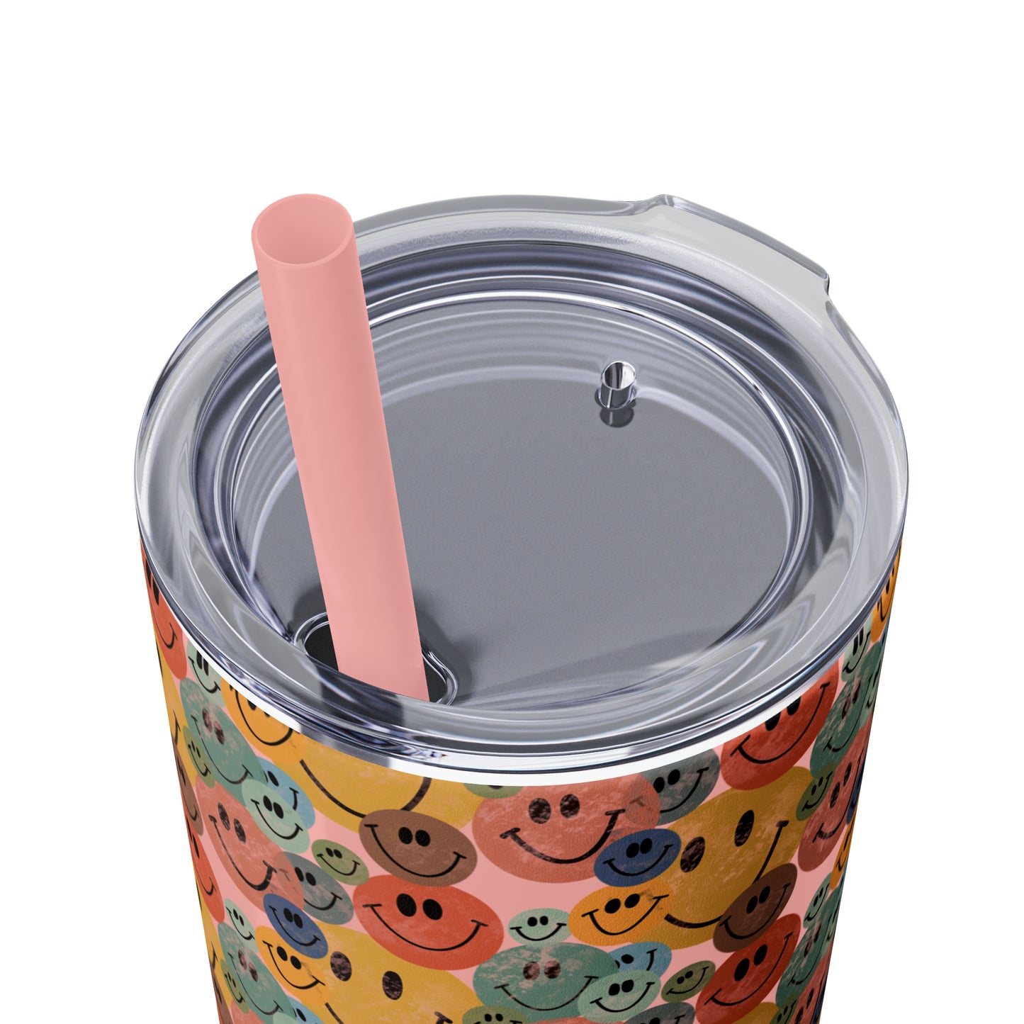Old School Smiley Face Stickers Patterned Skinny Tumbler with Straw, 20oz