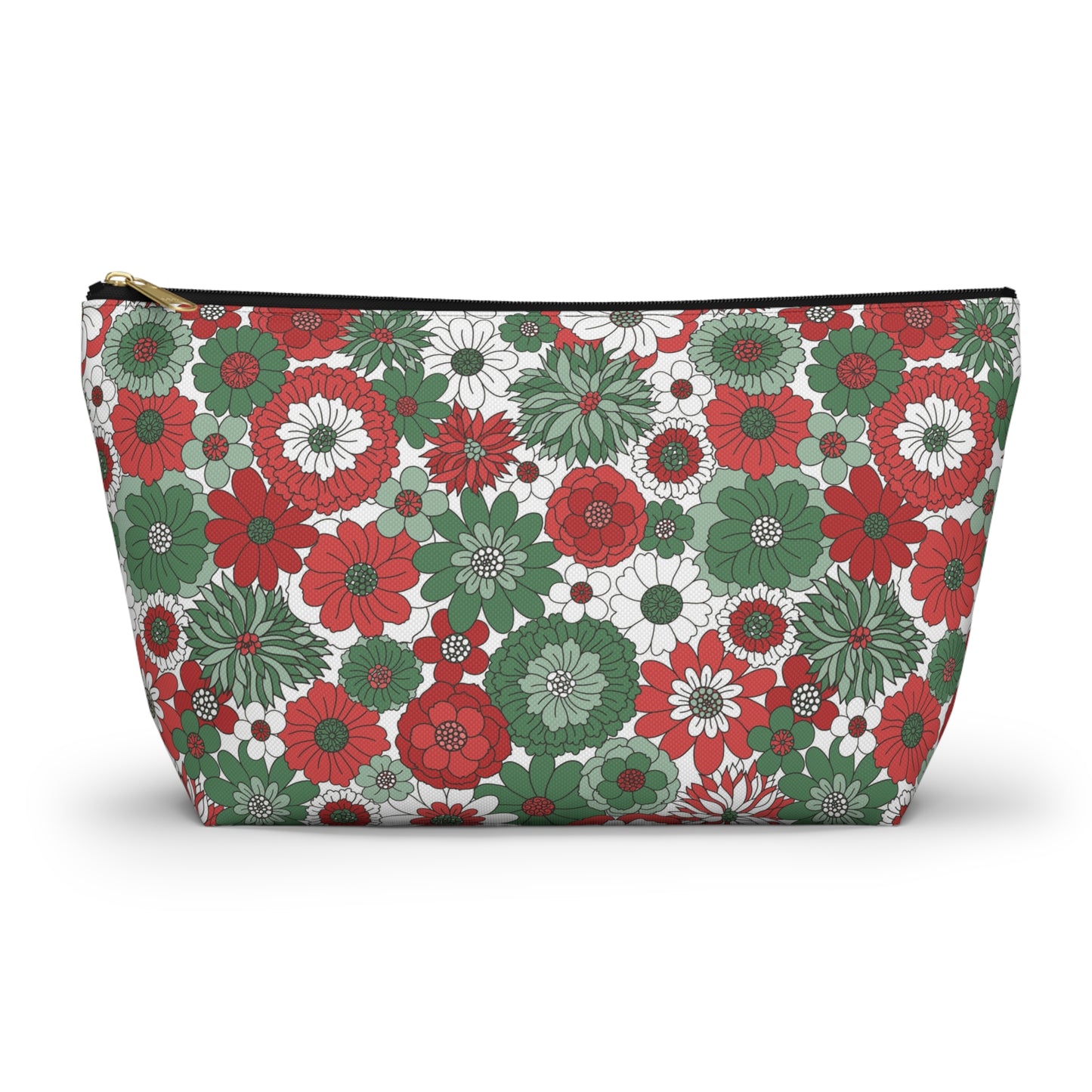 Retro Floral Christmas Red and Green Print Design Accessory Pouch w T-bottom