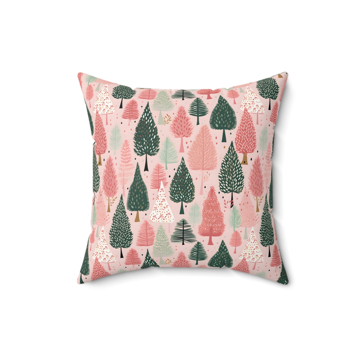 Boho Pink and Green Christmas Tree Print/ Holiday Polyester Square Pillow