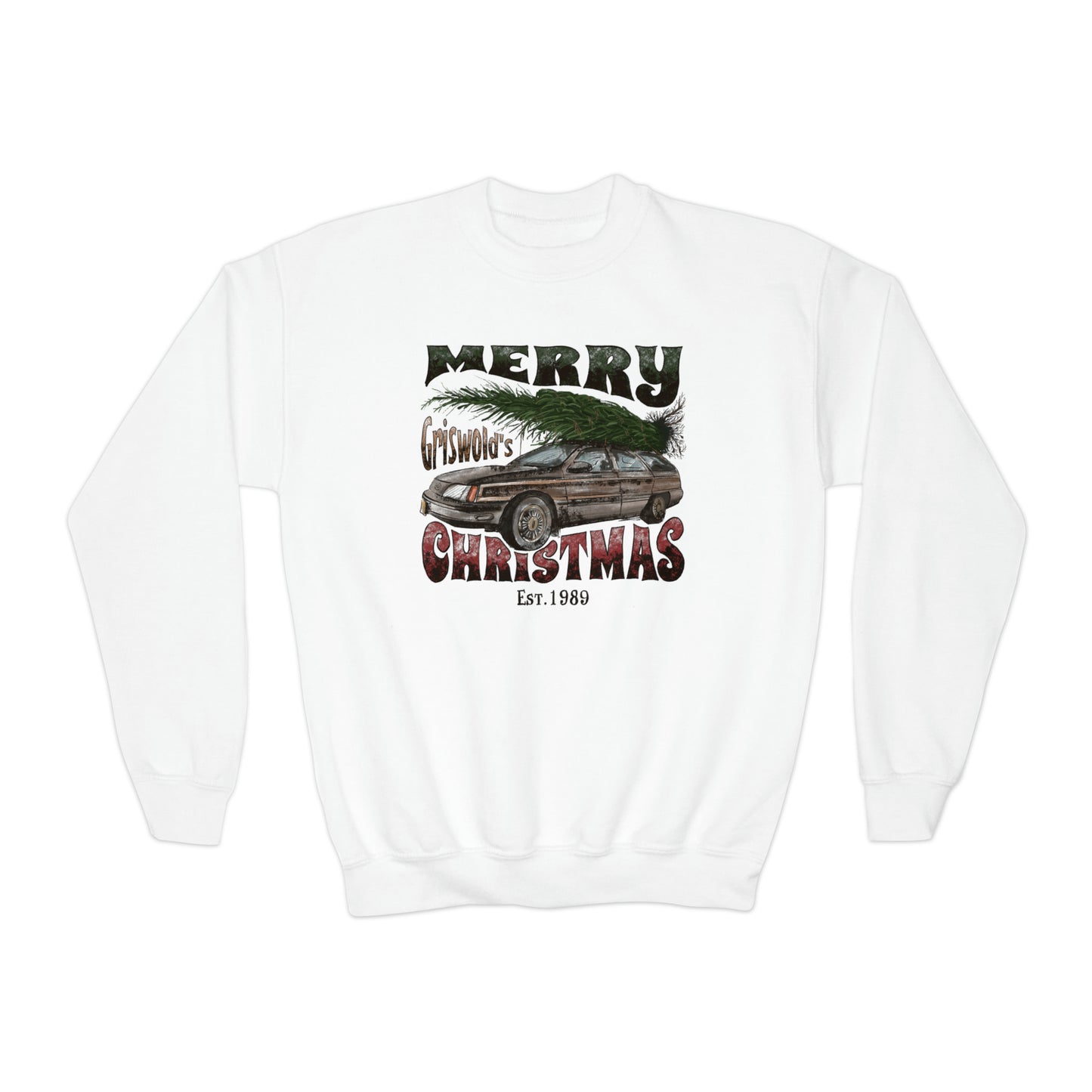 YOUTH - Merry Griswold's Christmas Tree Station Wagon Holiday Youth Crewneck Sweatshirt
