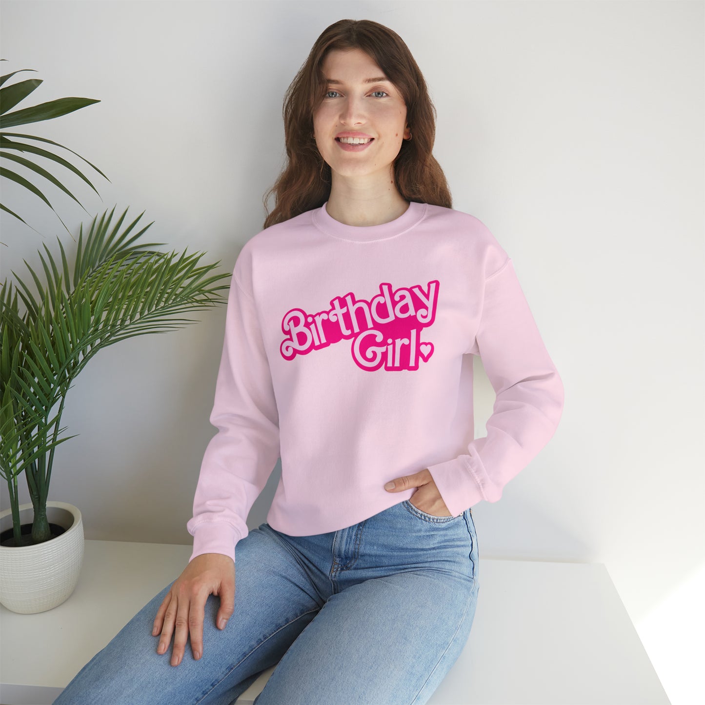 Birthday Girl with Hot Pink Barbie Font Heavy Blend™ Crewneck Sweatshirt