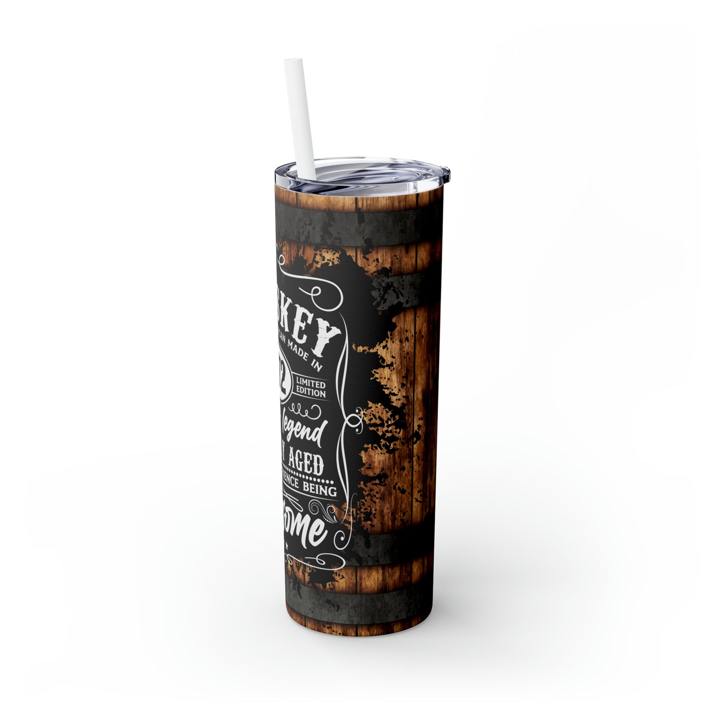 Rustic Barrel Whiskey Themed Skinny Tumbler with Straw, 20oz