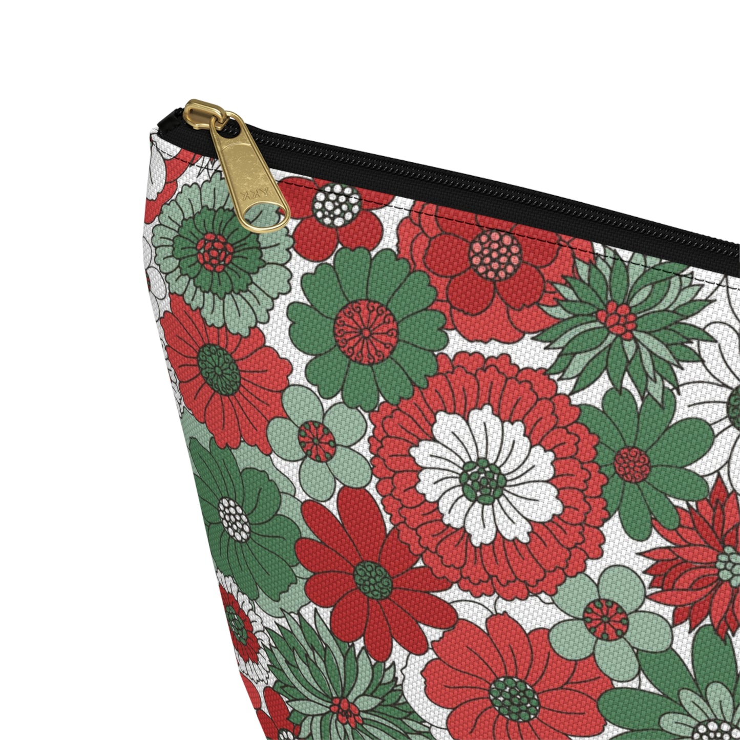 Retro Floral Christmas Red and Green Print Design Accessory Pouch w T-bottom