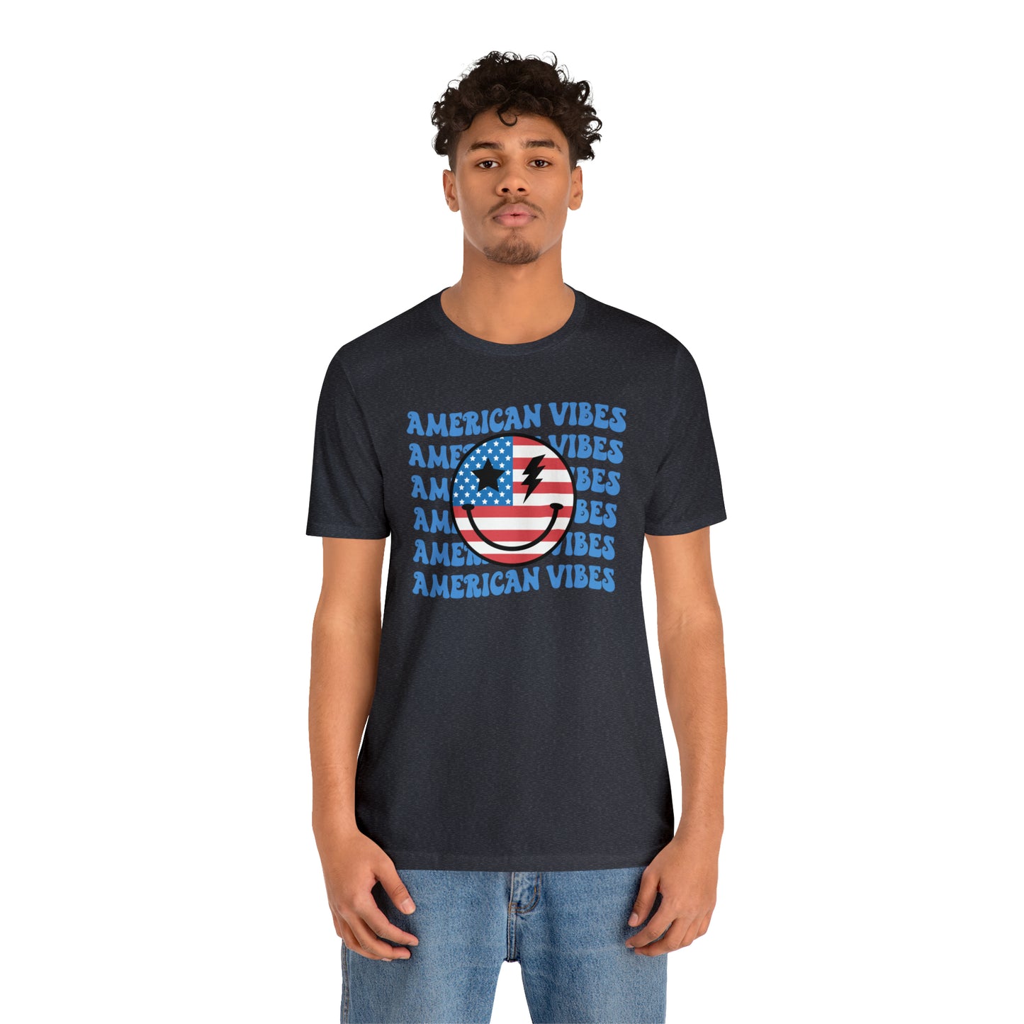 USA American Vibes American Flag Smiley Face Unisex Jersey Short Sleeve Tee