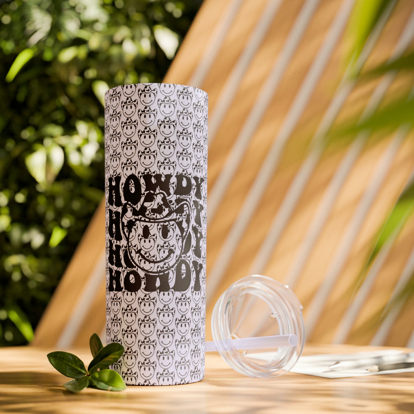 Howdy Howdy Howdy Smiley Face with Cowboy Hat Skinny Tumbler with Straw, 20oz