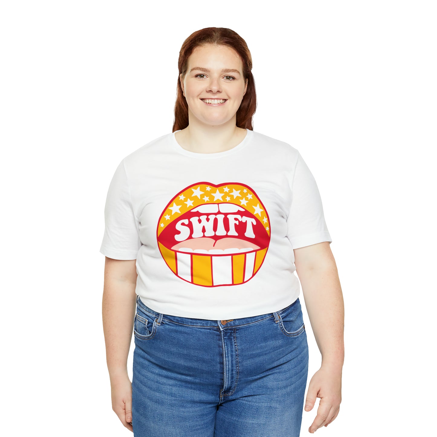 Swift Red, Yellow and White Lips Bella Jersey Short Sleeve Tee (Unisex)