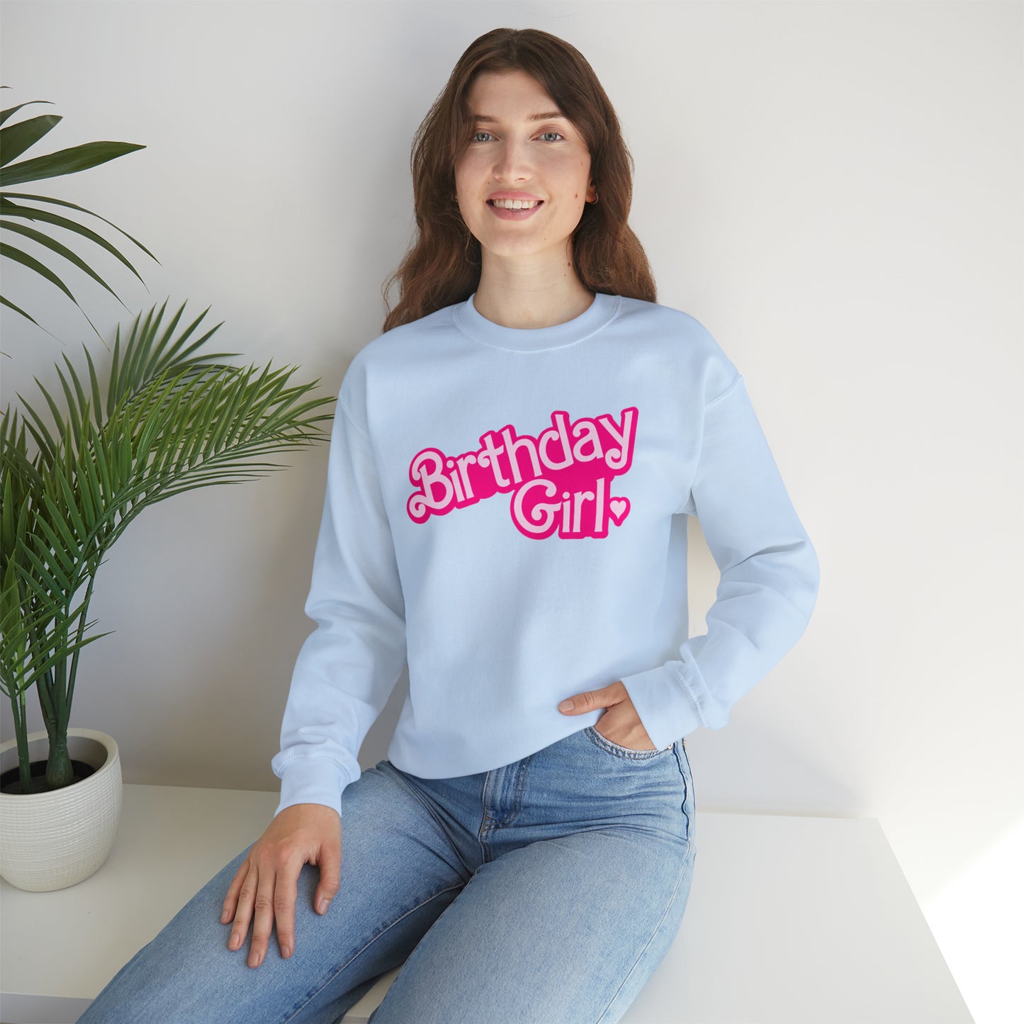 Birthday Girl with Hot Pink Barbie Font Heavy Blend™ Crewneck Sweatshirt
