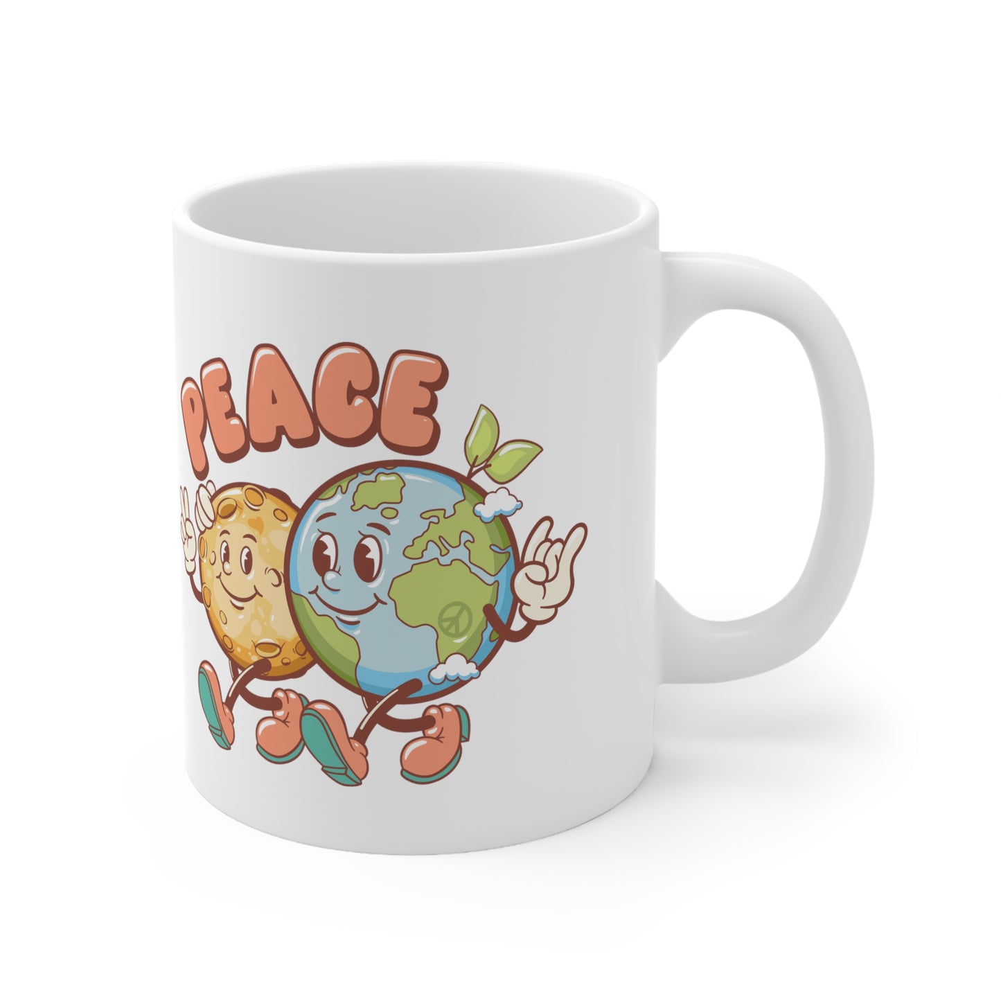 Earth and Moon Characters Spreading World Peace Ceramic Mug 11oz