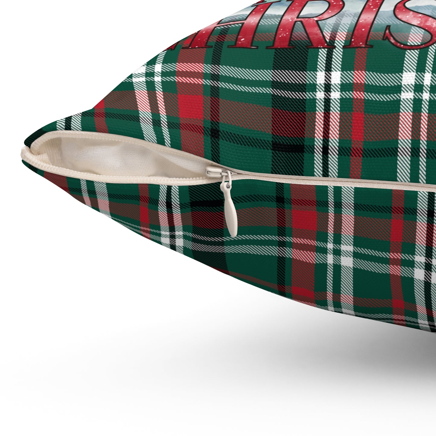 Merry Christmas Santa Sleigh and Reindeer Plaid/ Holiday Polyester Square Pillow