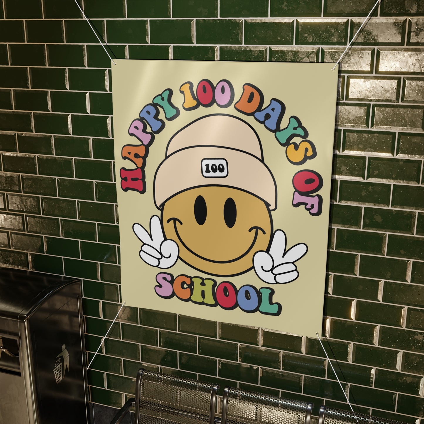 Happy 100 Days of School School Smiley Face with Beanie Hat Colorful Matte Banner