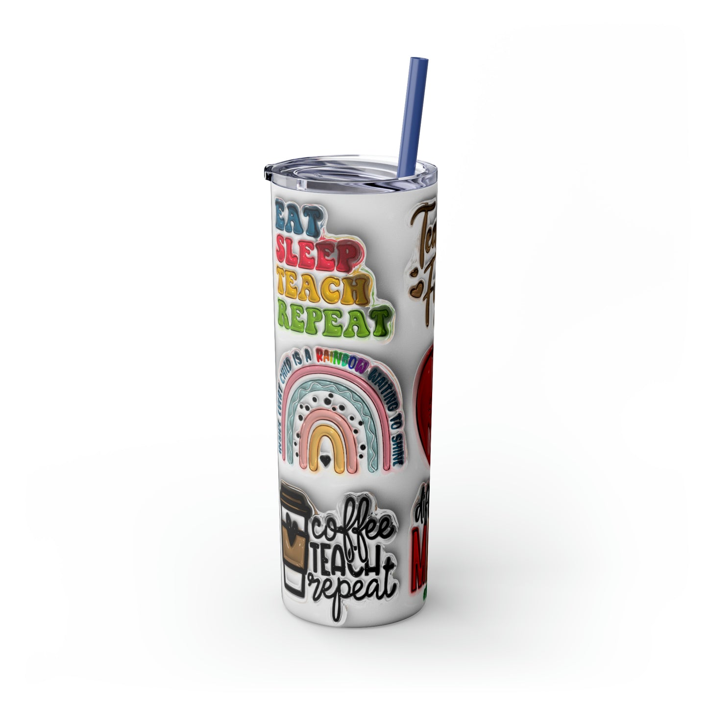 A+ Teacher Quotes Collage Skinny Tumbler with Straw, 20oz