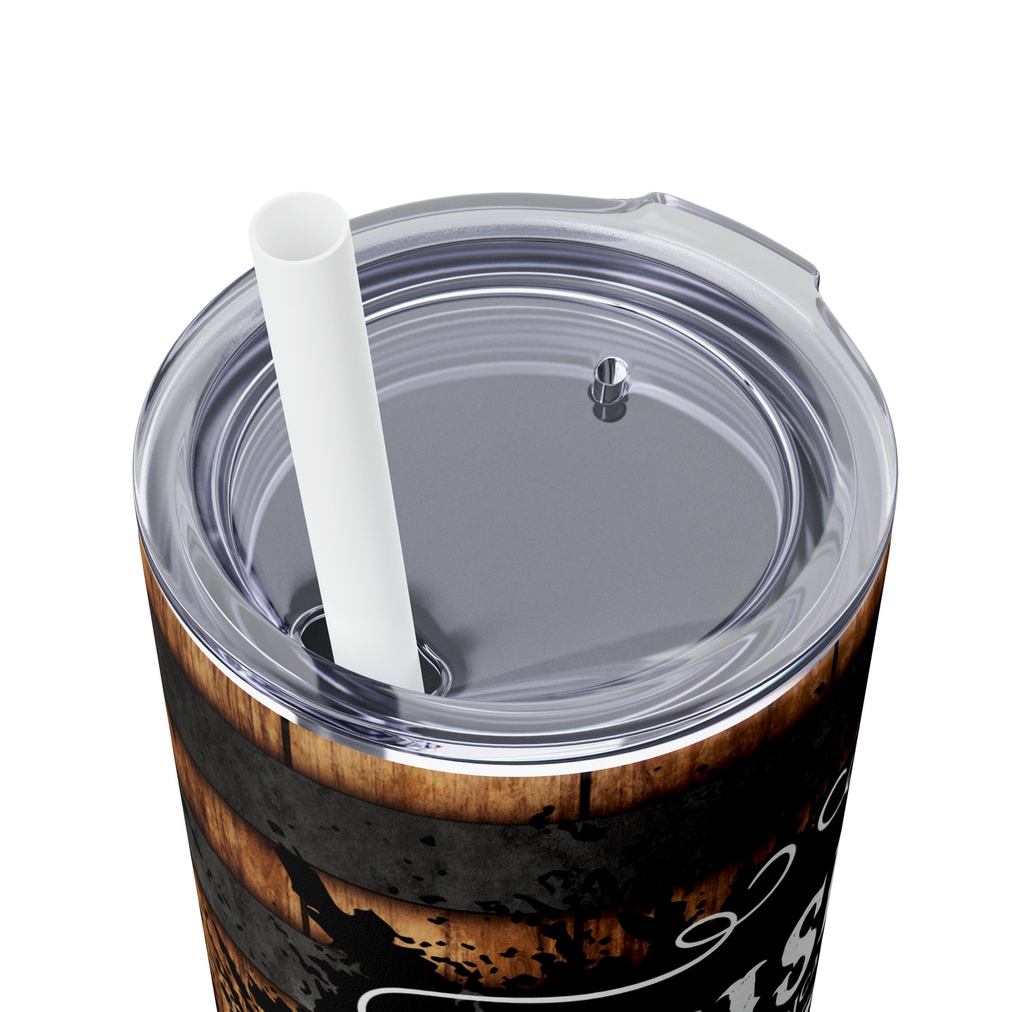 Rustic Barrel Whiskey Themed Skinny Tumbler with Straw, 20oz