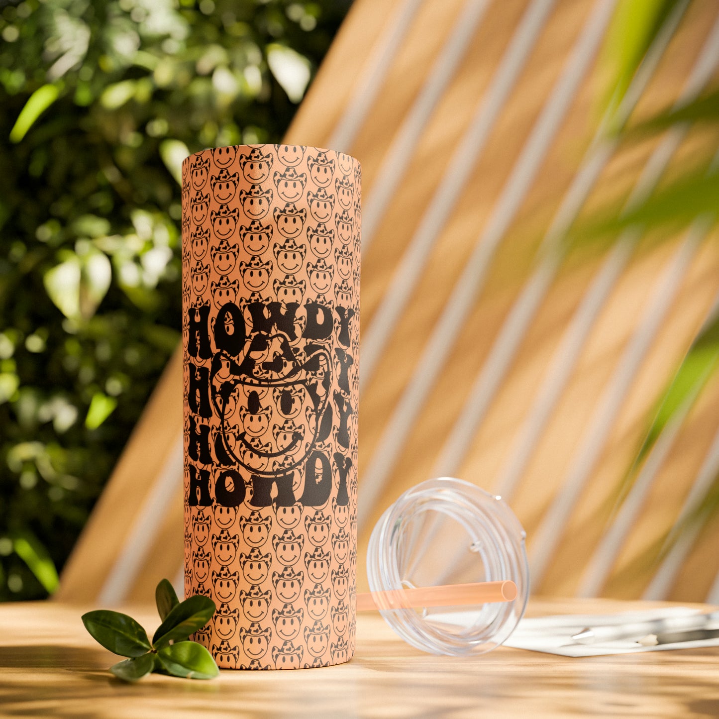 Howdy Howdy Howdy Smiley Face with Cowboy Hat Skinny Tumbler with Straw, 20oz
