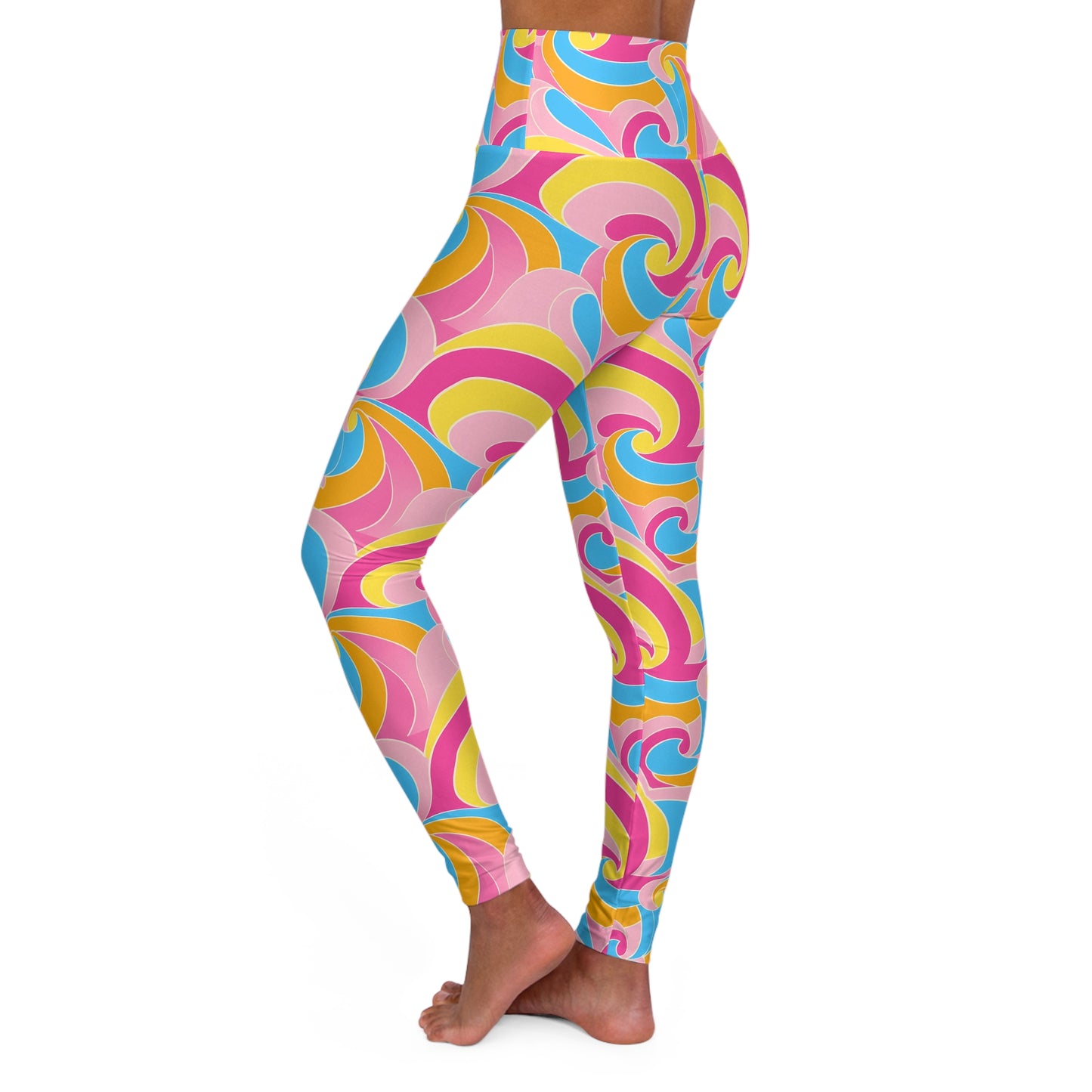 Retro Disco Neon Blue Pink and Yellow High Waisted Yoga Leggings