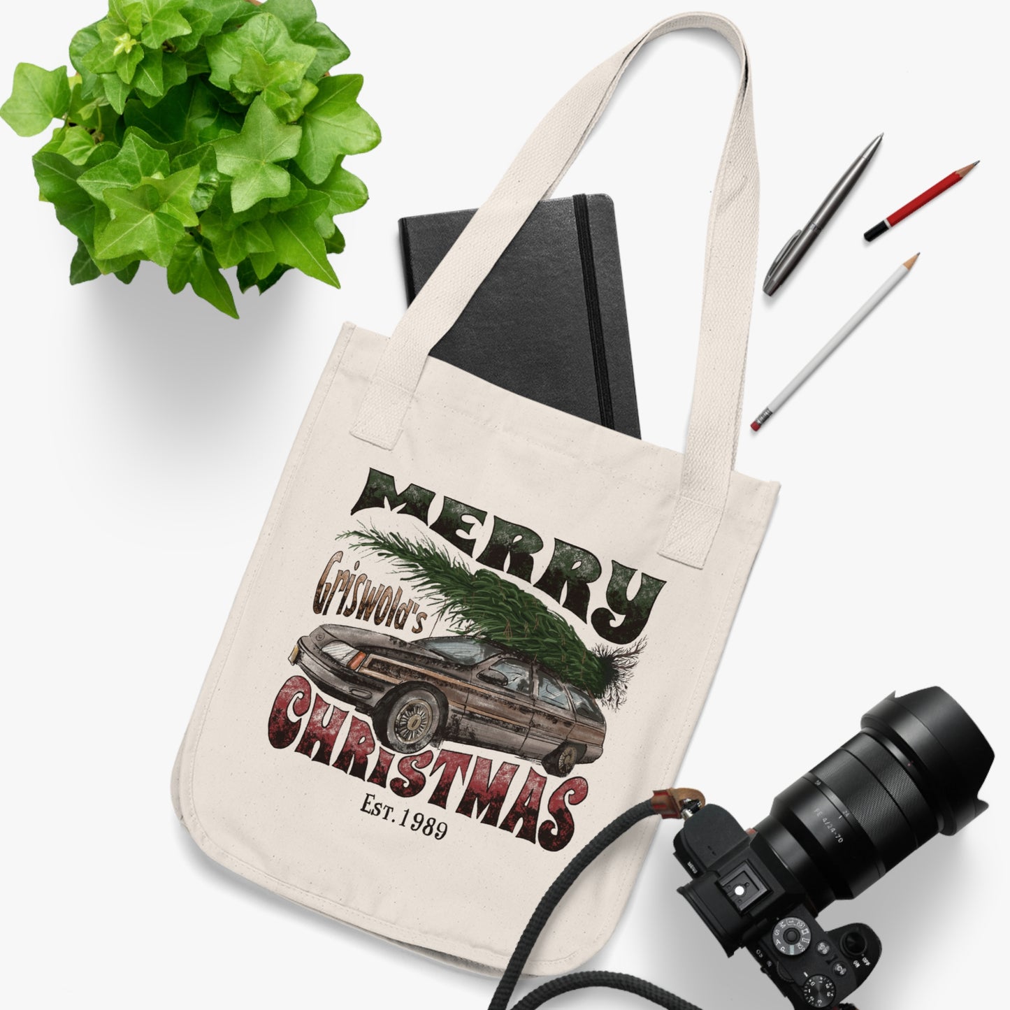 Distressed Merry Griswold's Christmas Tree Station Wagon Holiday Canvas Tote Bag