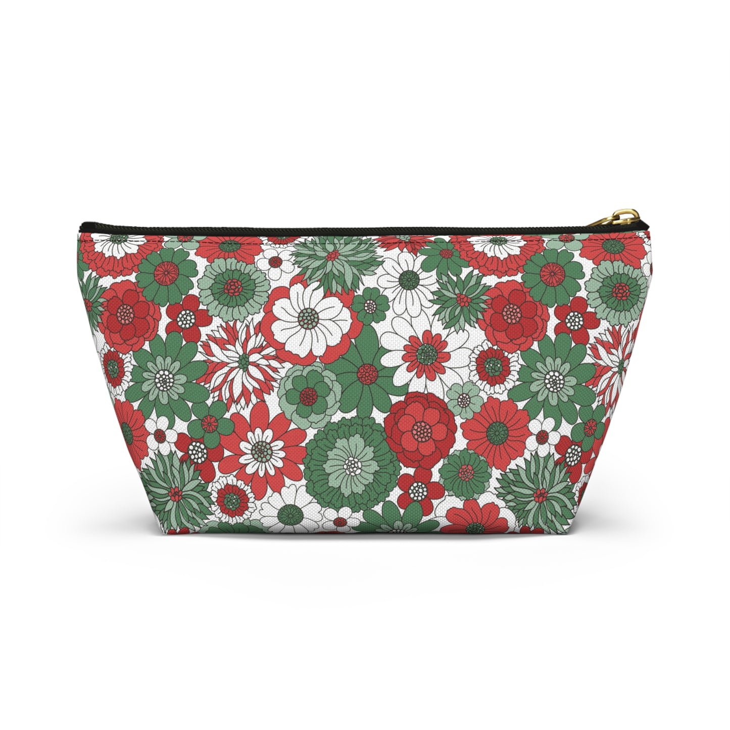 Retro Floral Christmas Red and Green Print Design Accessory Pouch w T-bottom