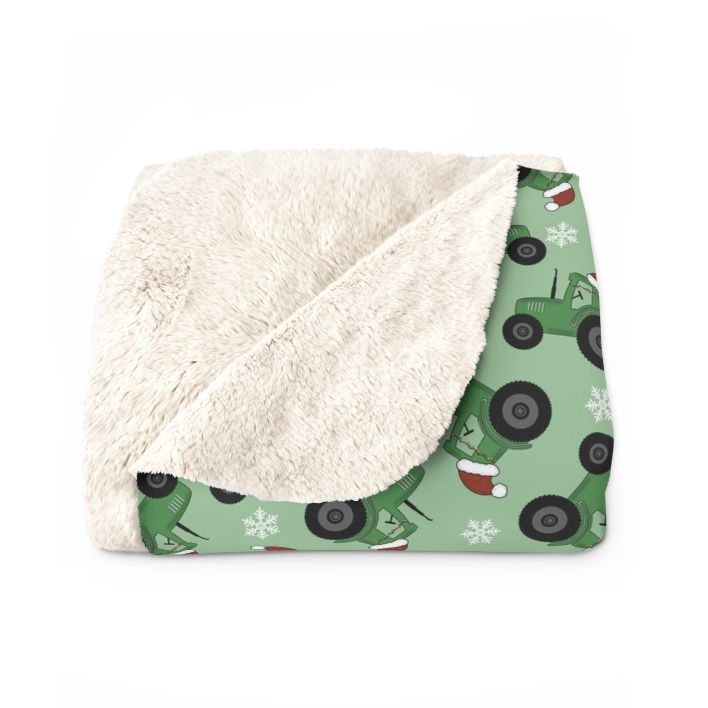Green Christmas Santa Tractor Sherpa Fleece Blanket