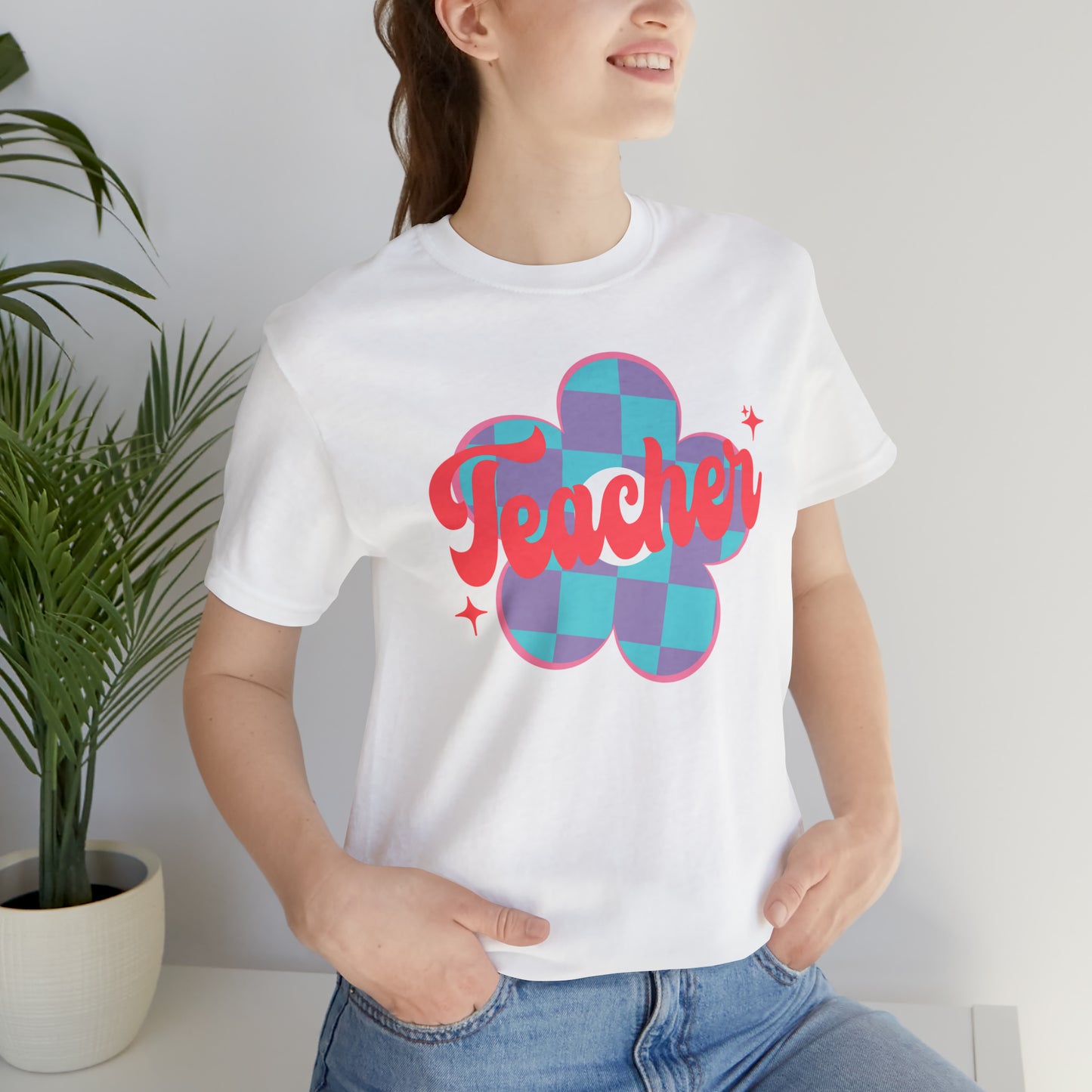 Purple and Blue Plaid Daisey Teacher T-Shirt
