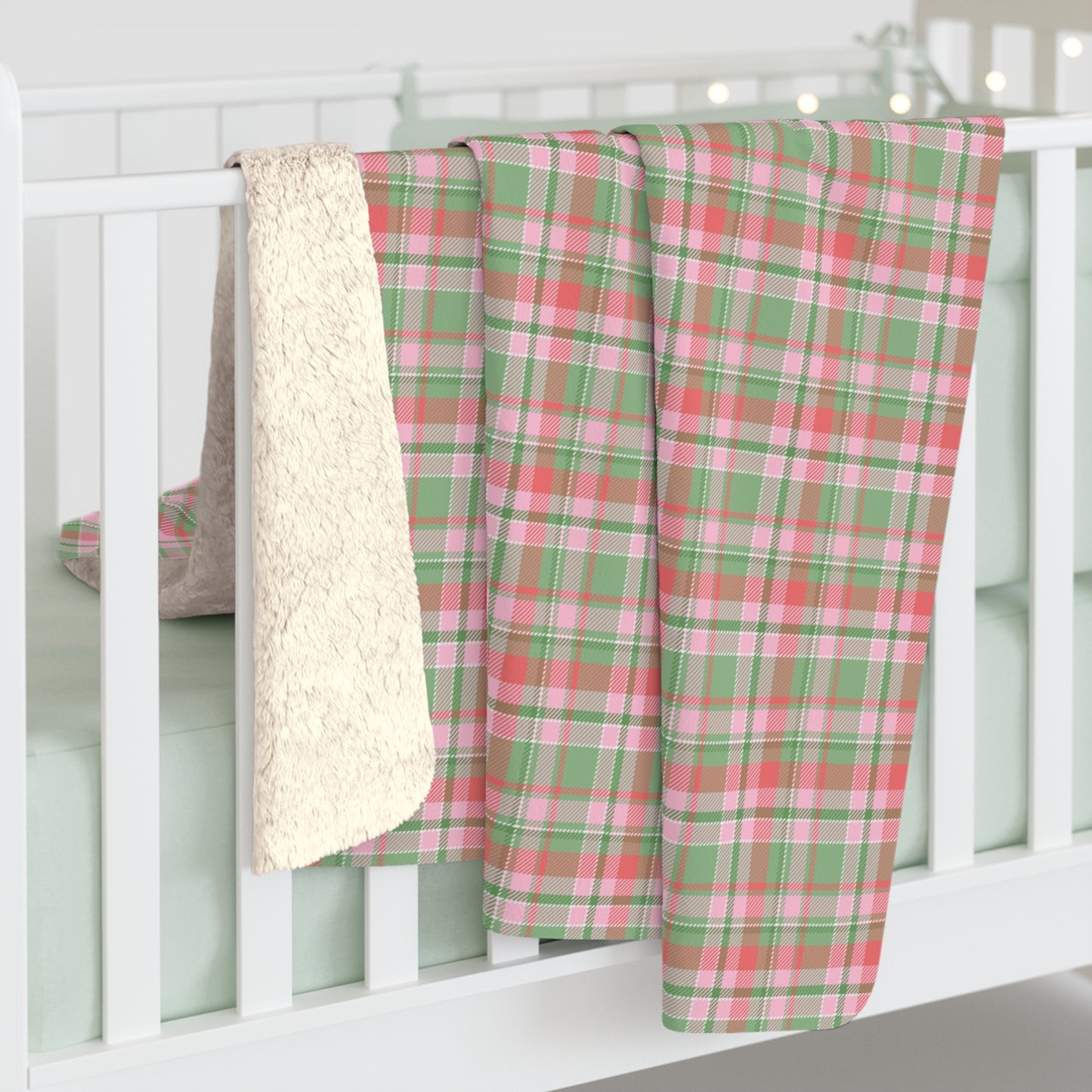 Pink and Green Christmas Plaid Sherpa Fleece Blanket