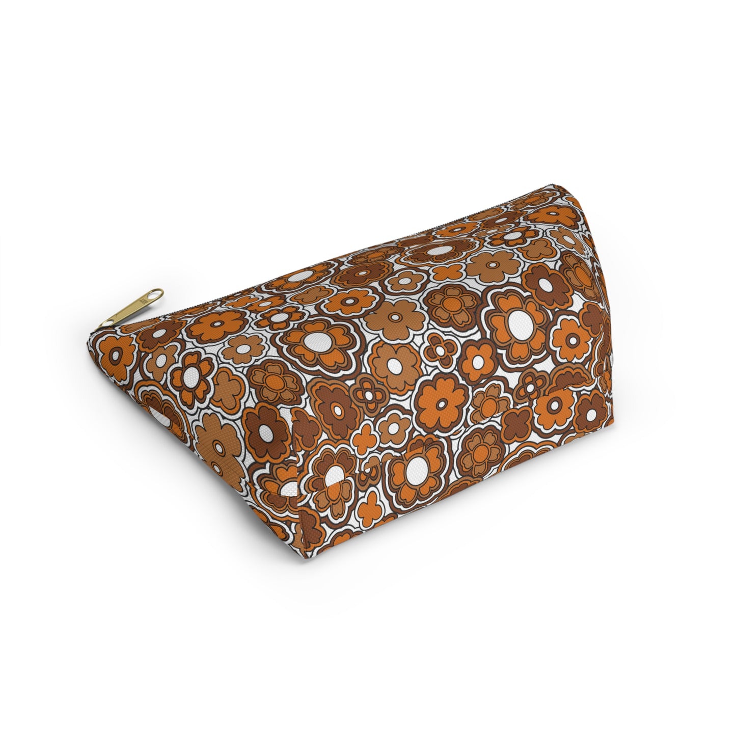 Flower Power Retro Brown Print Accessory Pouch w T-bottom