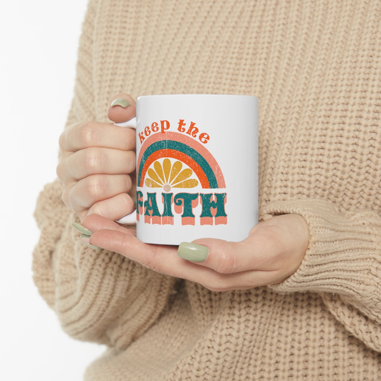 Keep the Faith Boho Retro Rainbow Sun Christian Ceramic Mug 11oz