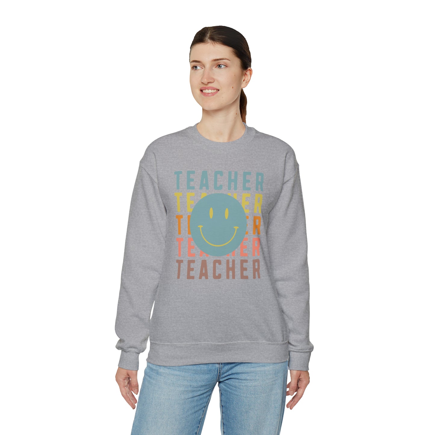 Multi Colored Teacher with Smiley Face Unisex Heavy Blend™ Crewneck Sweatshirt