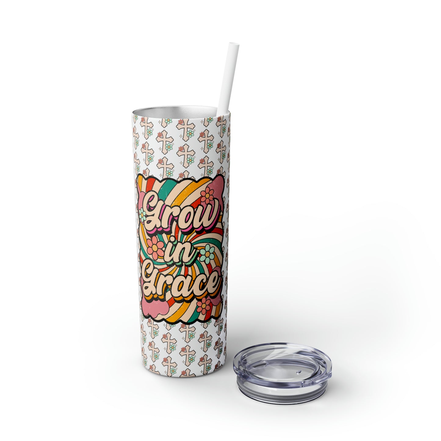 Grow in Grace with Daisy Crosses Christian Skinny Tumbler with Straw, 20oz