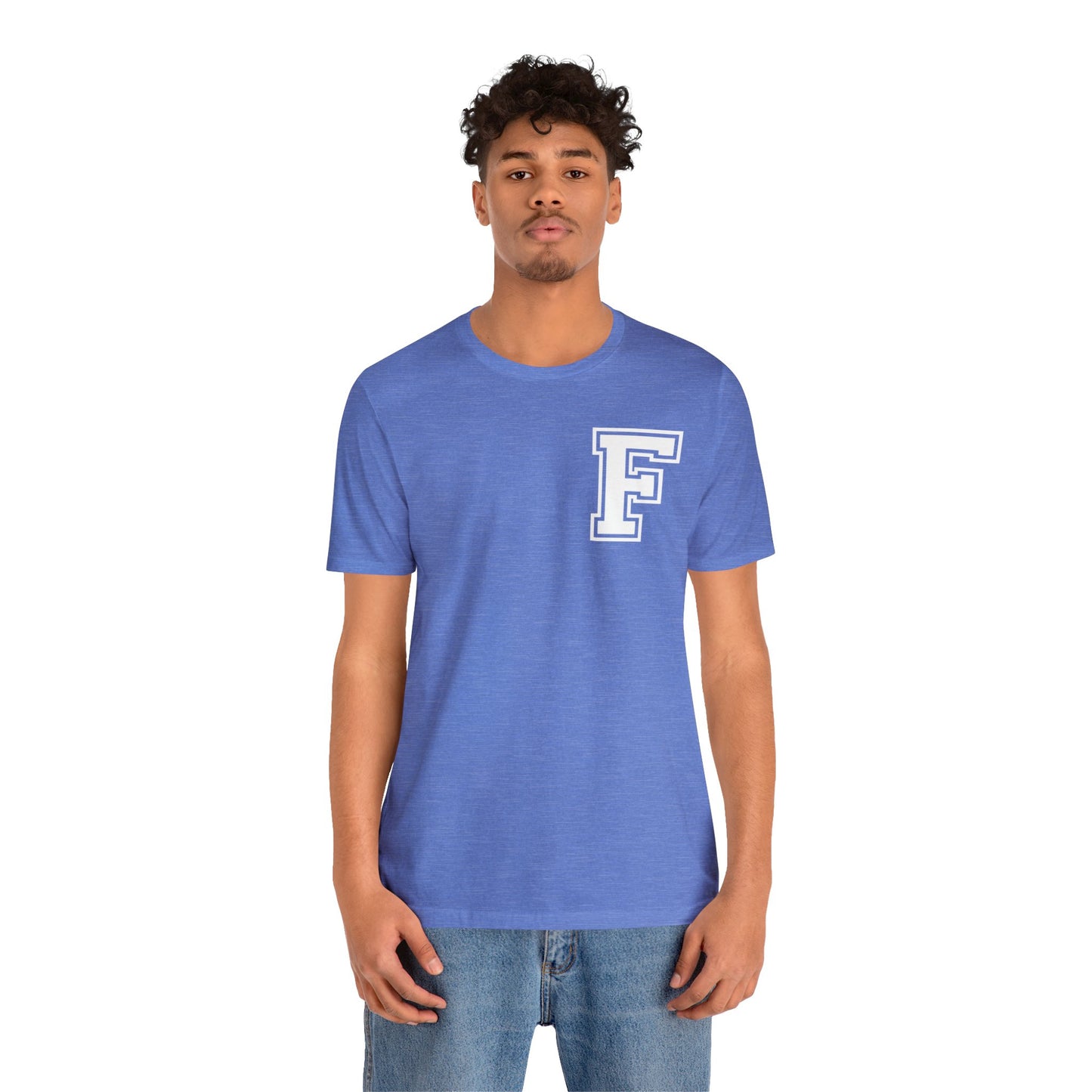 Front and Back Design - Varsity F Vertical Freeburg Midgets Logo Bella Jersey Short Sleeve Tee (Unisex)