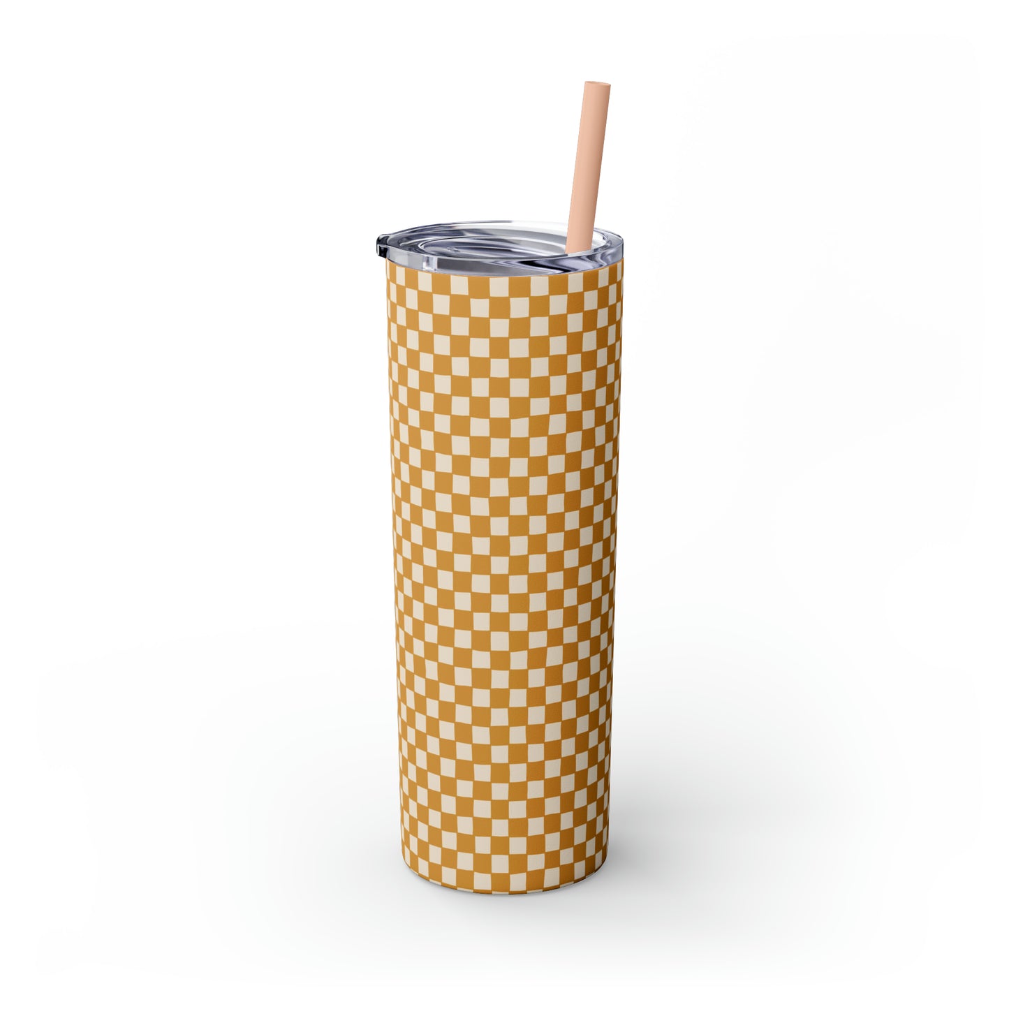 Boho Golden Checkerboard Print Skinny Tumbler with Straw, 20oz