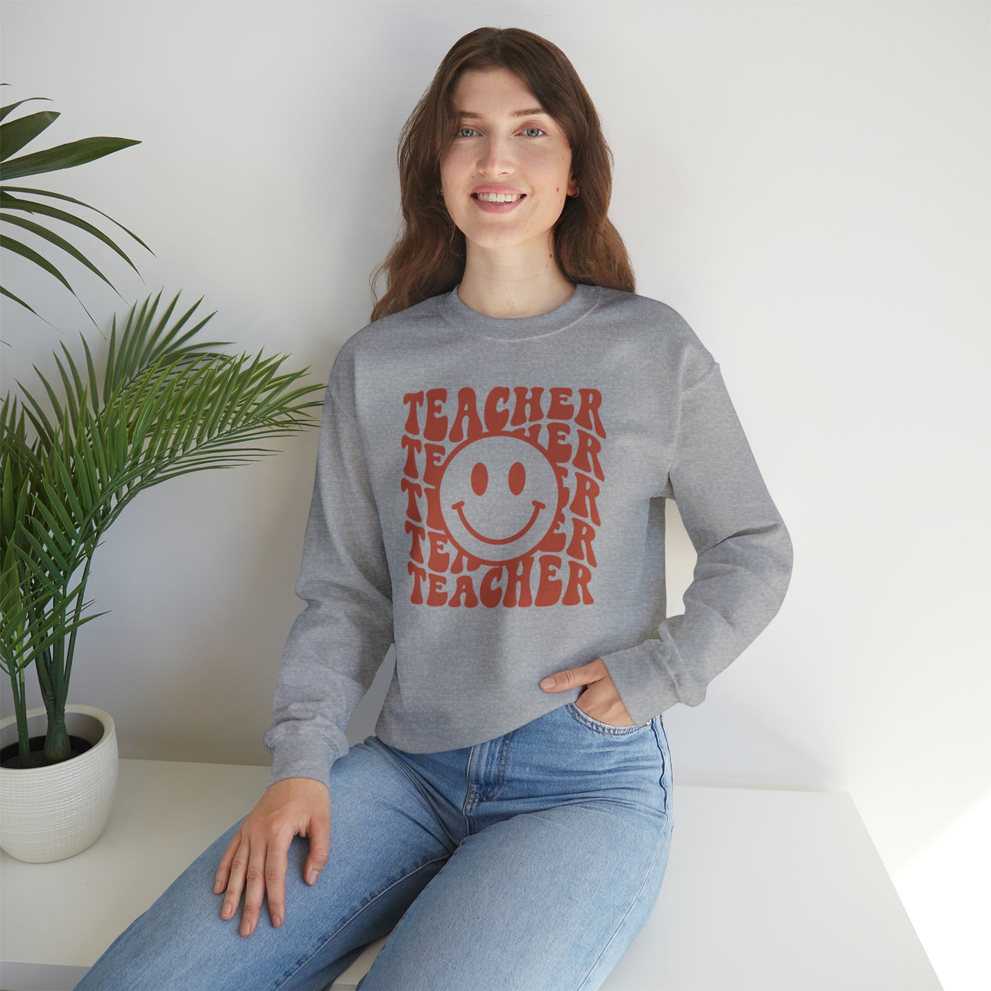 Retro Rust Colored Teacher with Smiley Face Unisex Heavy Blend™ Crewneck Sweatshirt