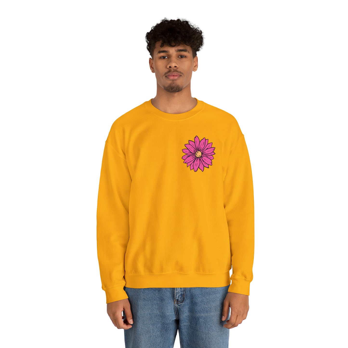 FRONT AND BACK DESIGN Positive Energy (Flower on Front and Message on Back) Font Heavy Blend™ Crewneck Sweatshirt