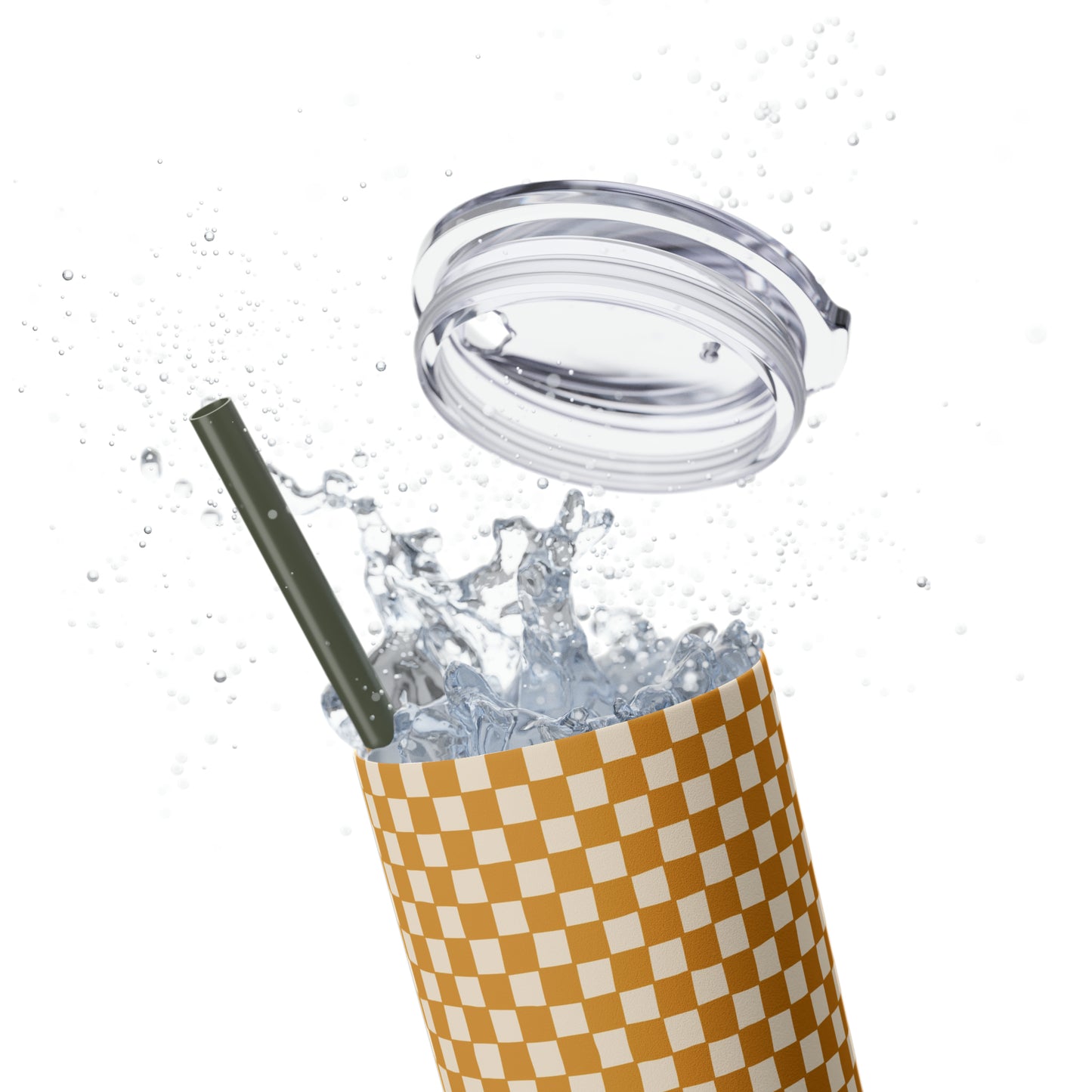 Boho Golden Checkerboard Print Skinny Tumbler with Straw, 20oz