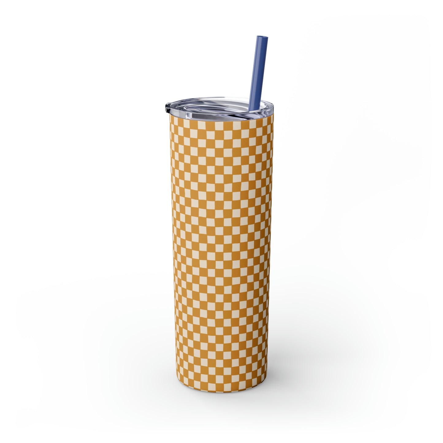 Boho Golden Checkerboard Print Skinny Tumbler with Straw, 20oz