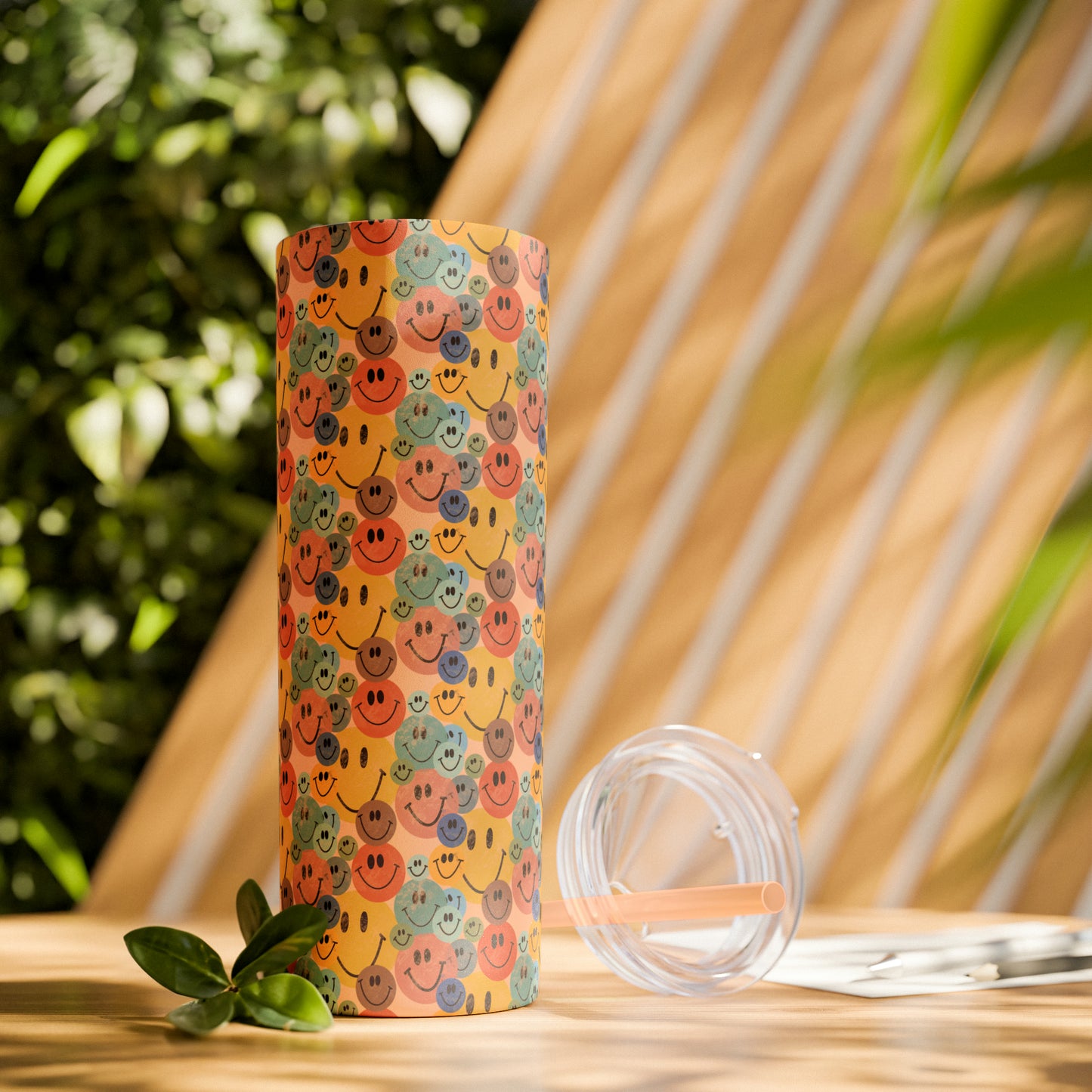 Old School Smiley Face Stickers Patterned Skinny Tumbler with Straw, 20oz