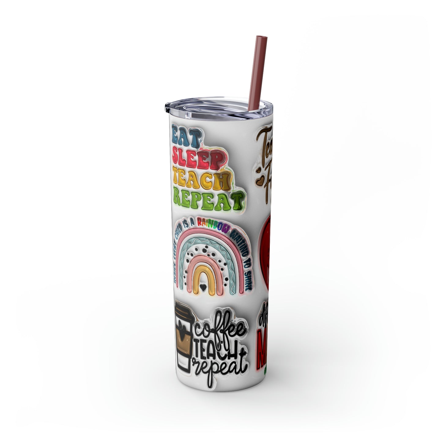 A+ Teacher Quotes Collage Skinny Tumbler with Straw, 20oz