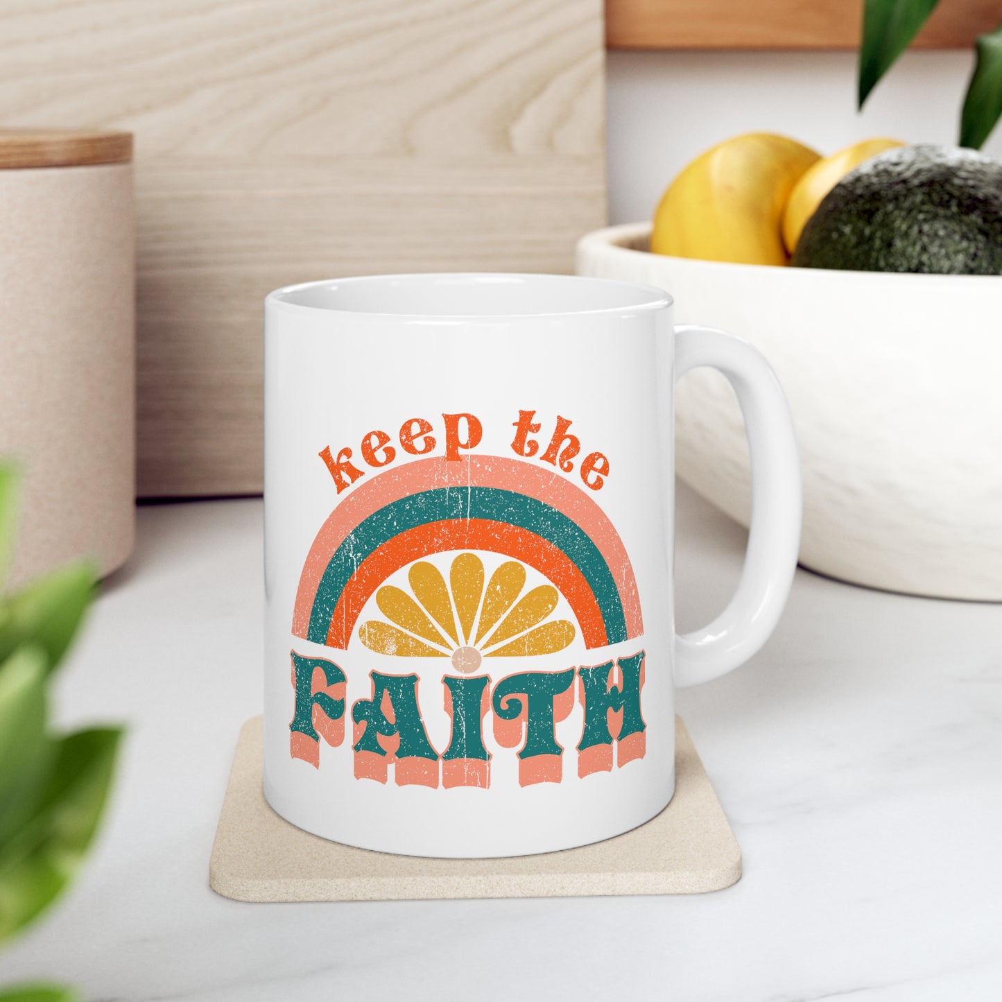 Keep the Faith Boho Retro Rainbow Sun Christian Ceramic Mug 11oz
