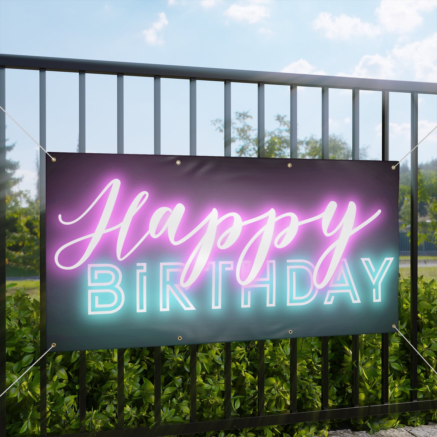 Happy Birthday Neon Font Black Matte Banner