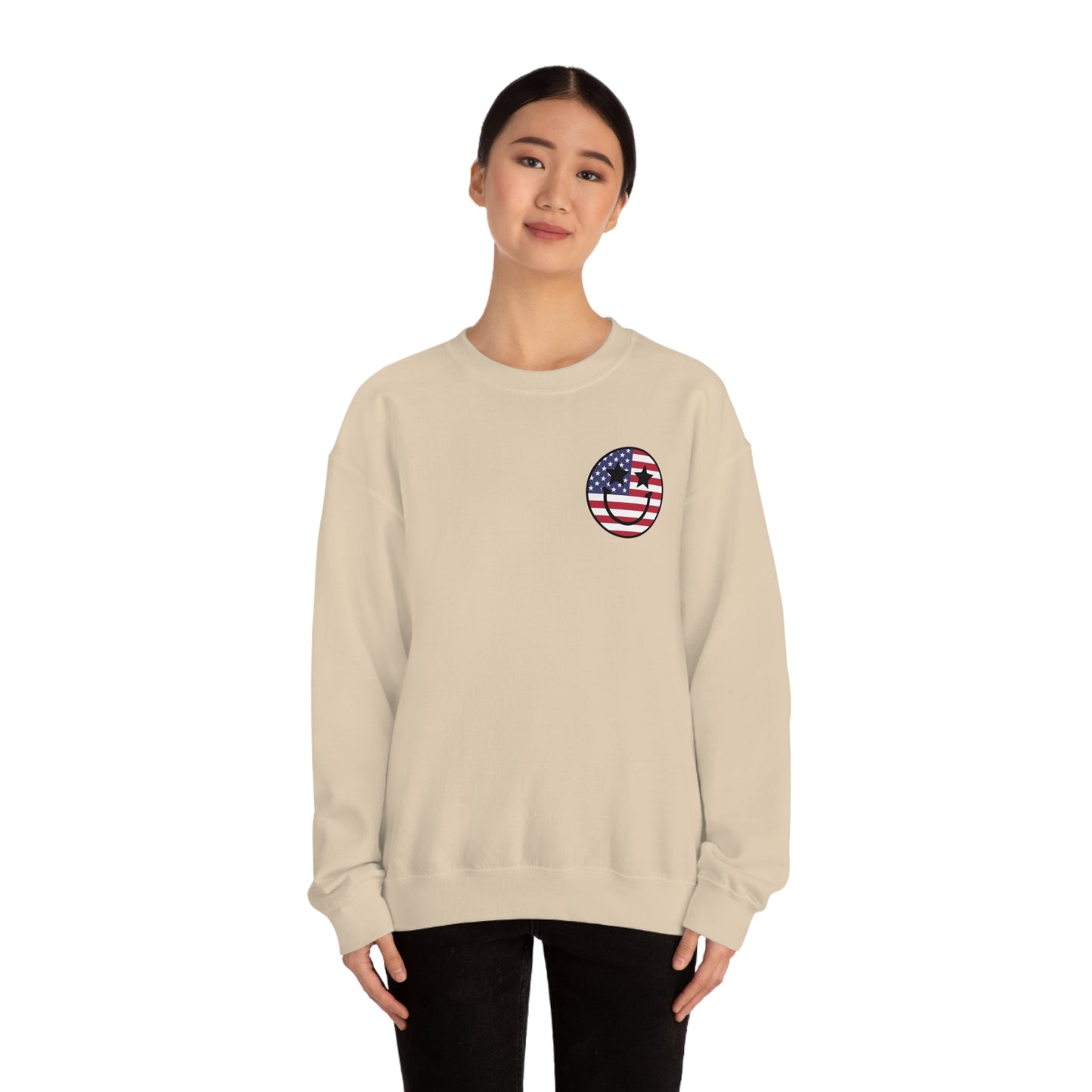 "Land of the Free Because of the Brave with Smiley Face Front" (Front & Back Design) - Unisex Heavy Blend™ Crewneck Sweatshirt