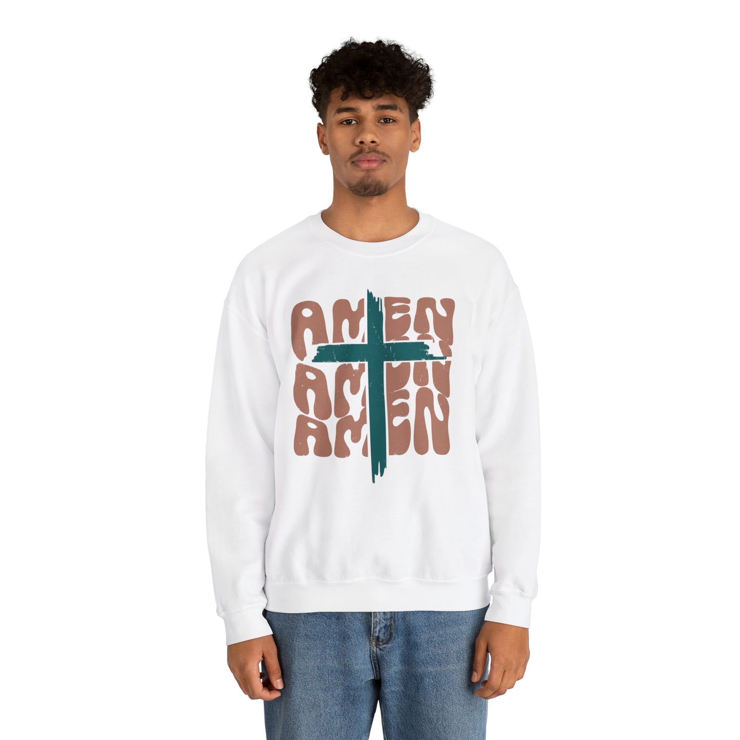 Vintage Amen Amen Amen with Cross Design Boho Color Print Heavy Blend™ Crewneck Sweatshirt