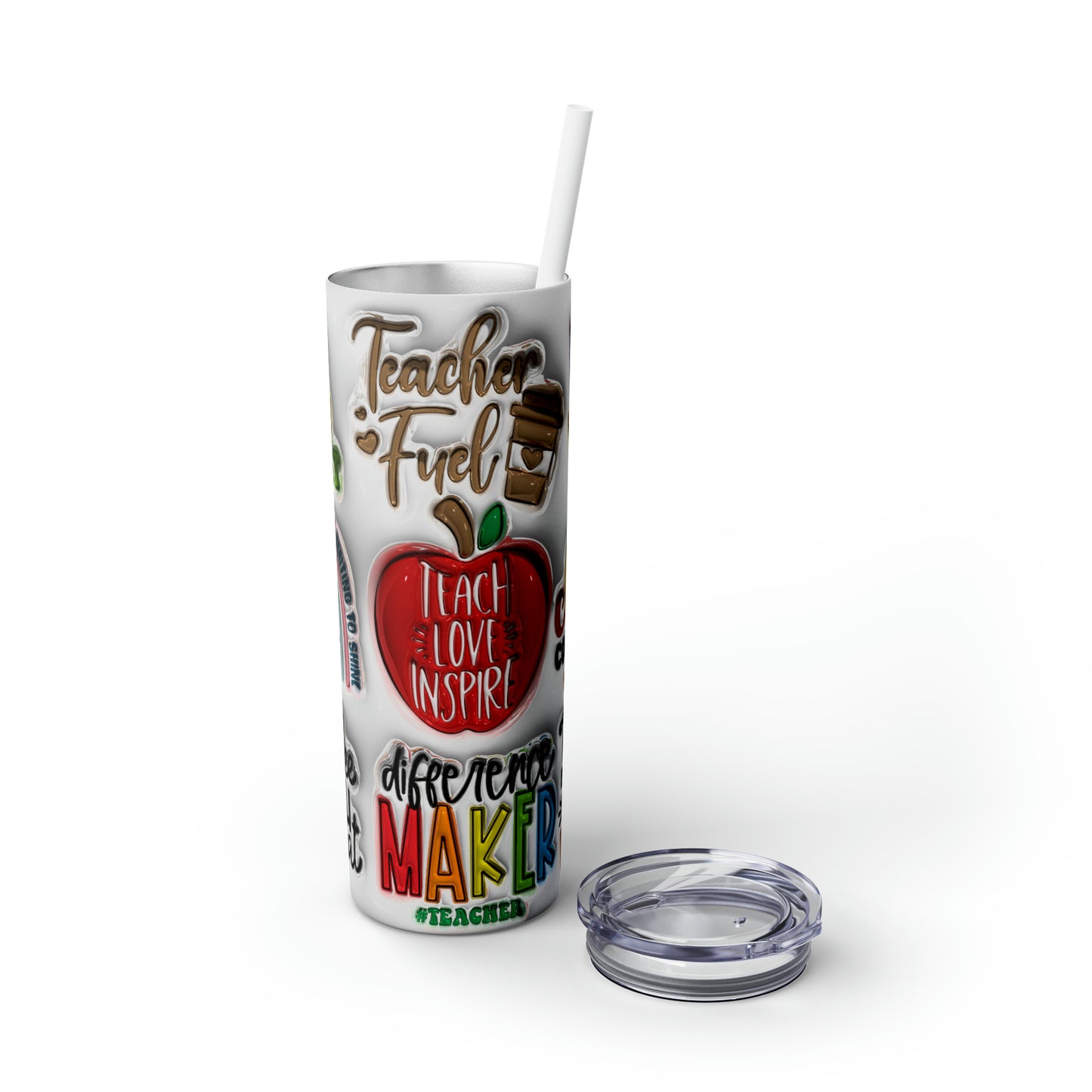 A+ Teacher Quotes Collage Skinny Tumbler with Straw, 20oz