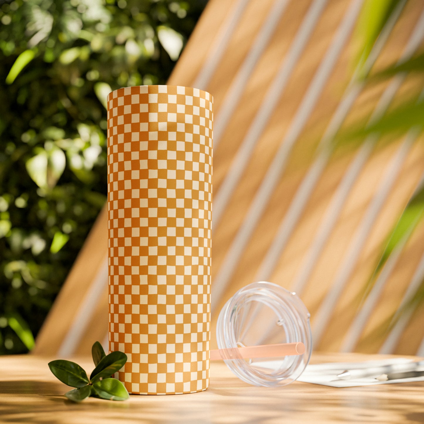 Boho Golden Checkerboard Print Skinny Tumbler with Straw, 20oz