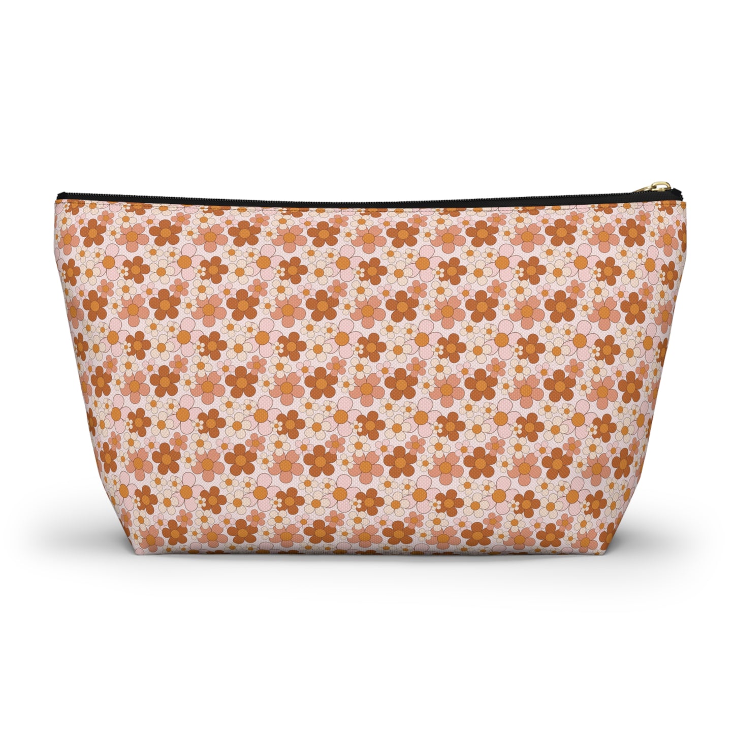 Retro Small Daisy Pink/Rust Floral Print Design Accessory Pouch w T-bottom